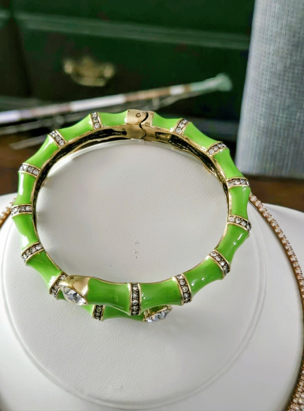 Heidi Daus Neon Green Enamel Bamboo-Style Hinged Bracelet with Clear Crystals - Picture 3 of 16